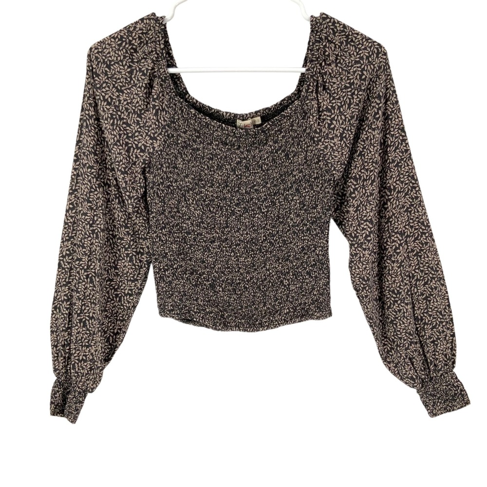 Faherty Smocked Cropped Square Neck Long Sleeve Floral Print Top XS